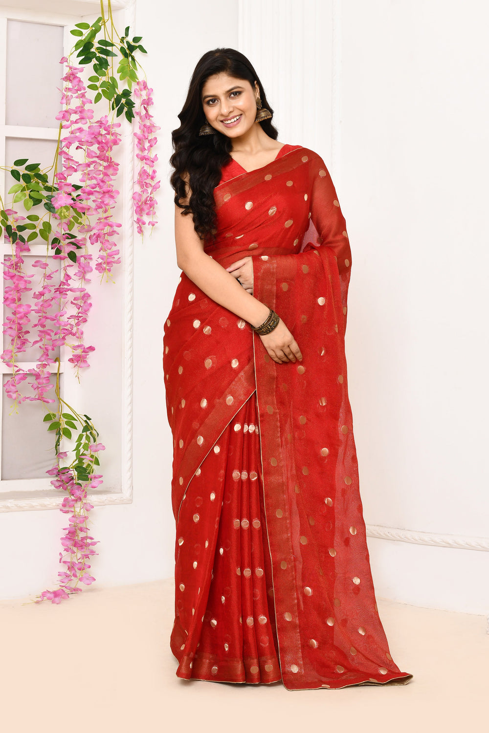 ZERESOUQ-Red-Chiffon-Tissue-Saree-With-Golden-Polka-Dots