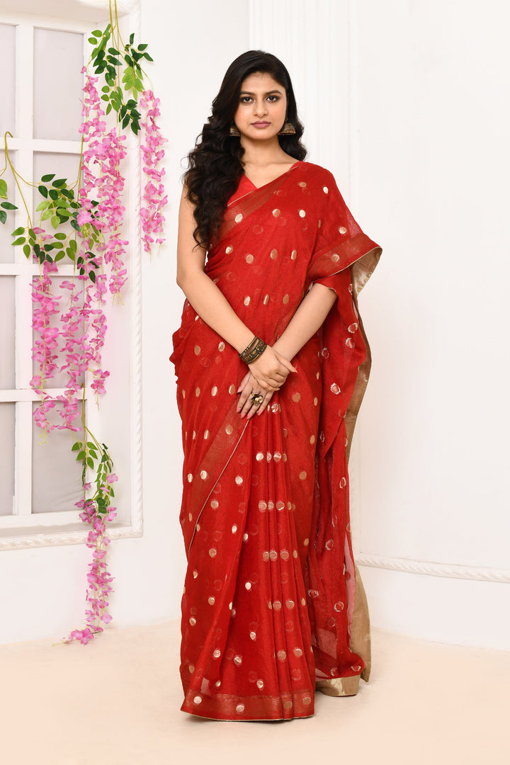 Red-Chiffon-Tissue-Saree-With-Golden-Polka-Dots