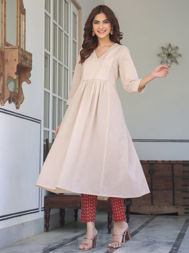 Red-Cotton-A-Line-Solid-3-Piece-Kurta-Set