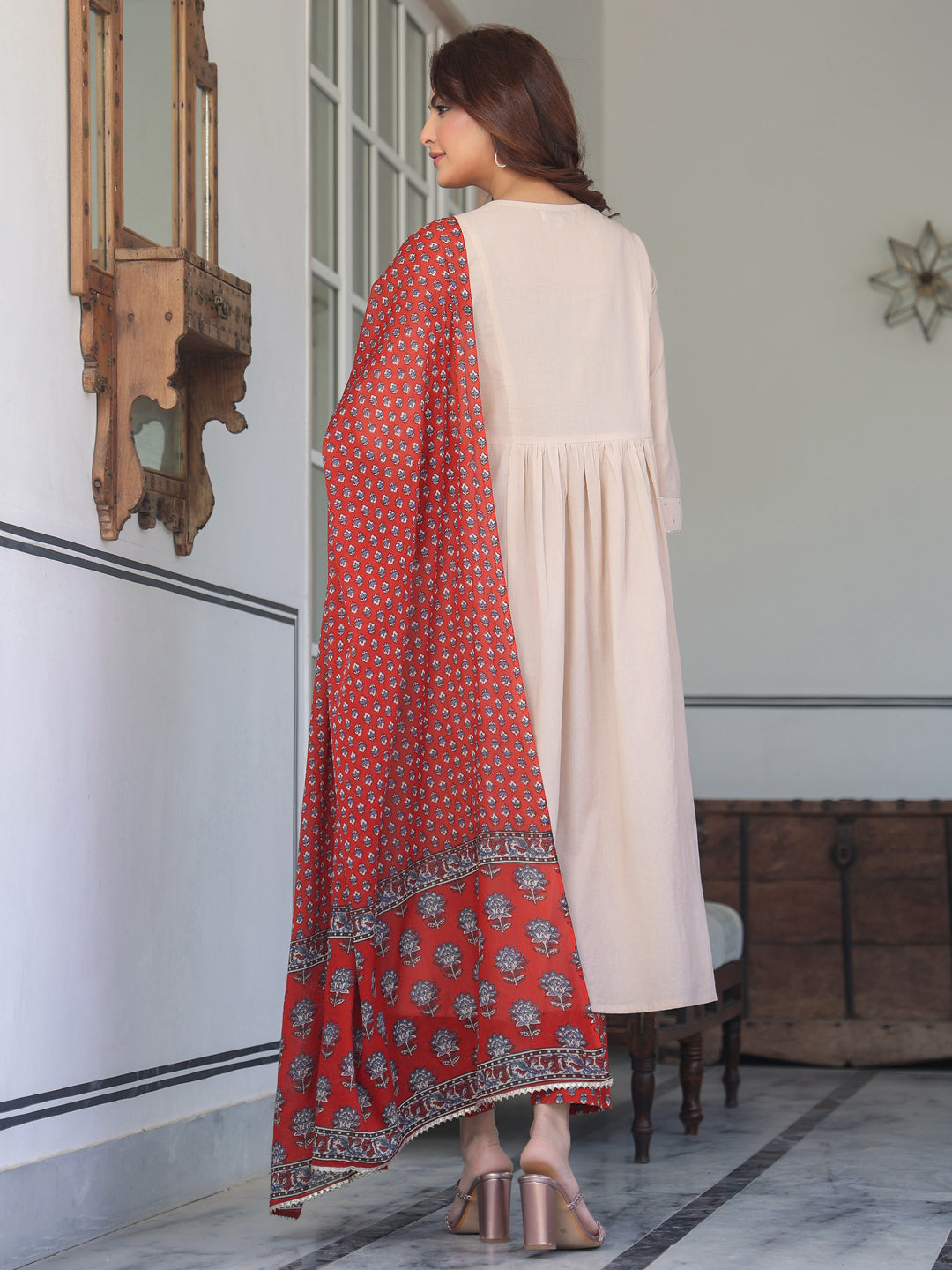Red-Cotton-A-Line-Solid-3-Piece-Kurta-Set