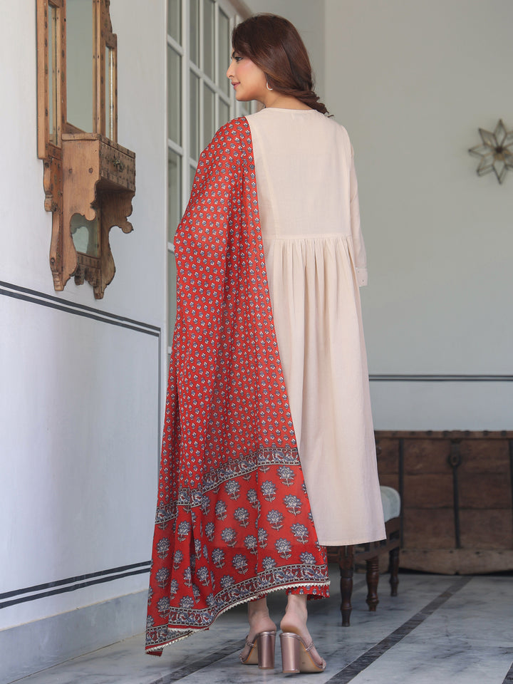 Red-Cotton-A-Line-Solid-3-Piece-Kurta-Set