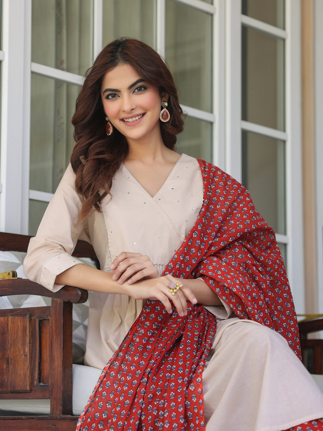 Red-Cotton-A-Line-Solid-3-Piece-Kurta-Set