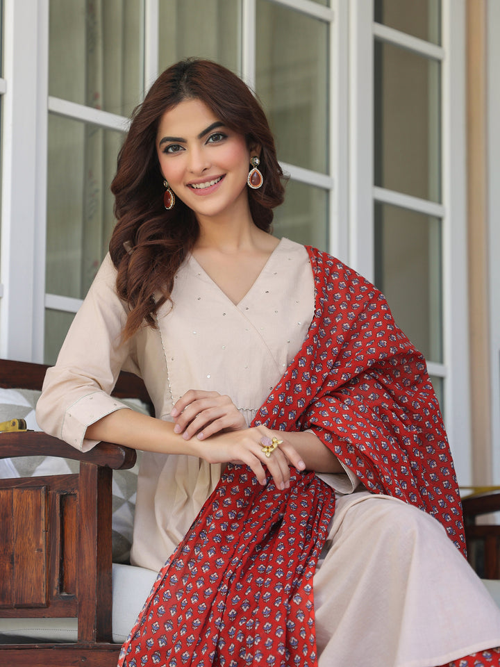 Red-Cotton-A-Line-Solid-3-Piece-Kurta-Set