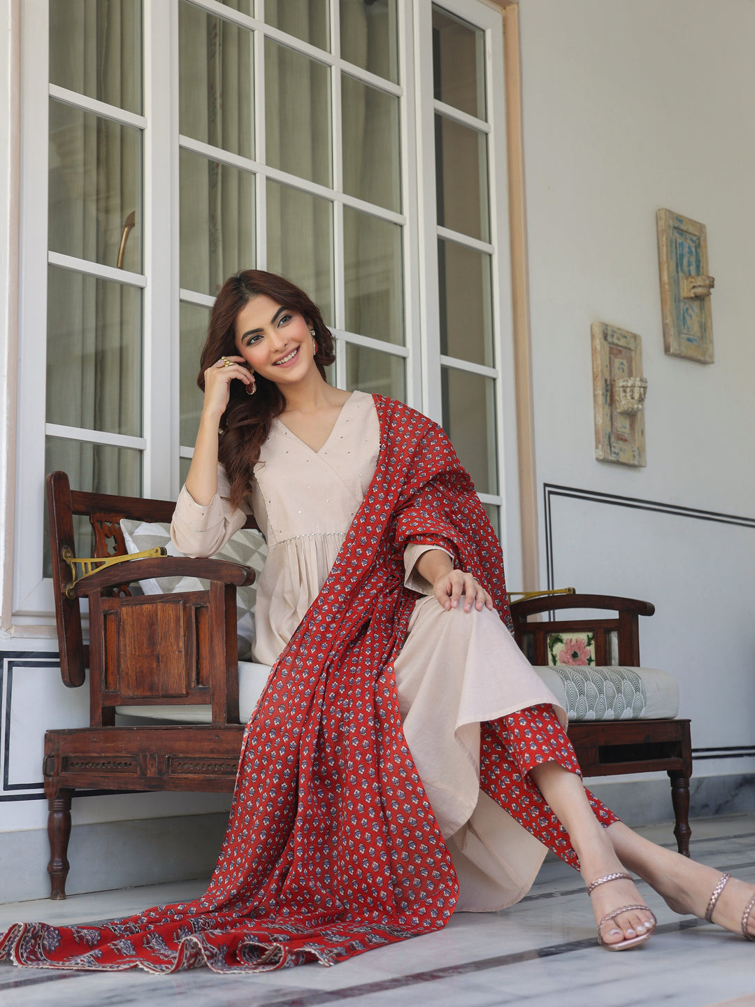 Red-Cotton-A-Line-Solid-3-Piece-Kurta-Set