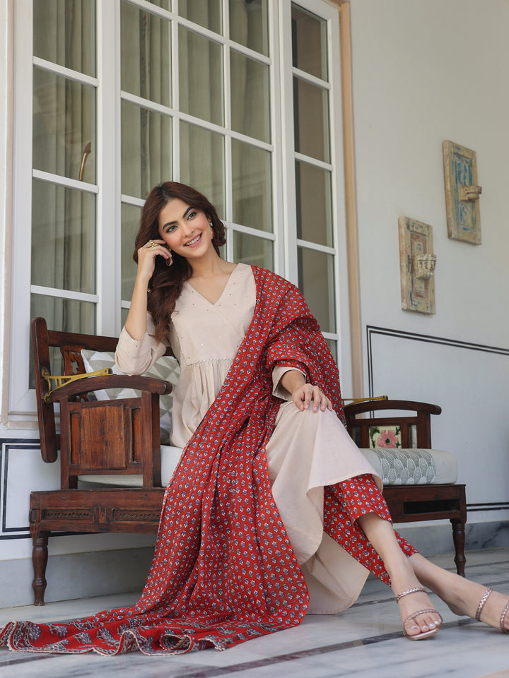 Red-Cotton-A-Line-Solid-3-Piece-Kurta-Set