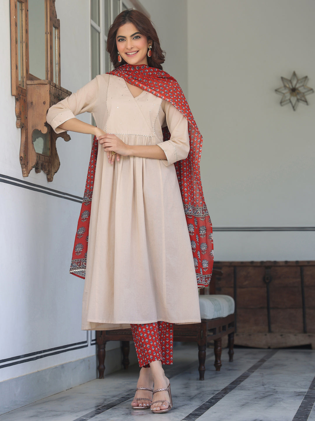 Red-Cotton-A-Line-Solid-3-Piece-Kurta-Set