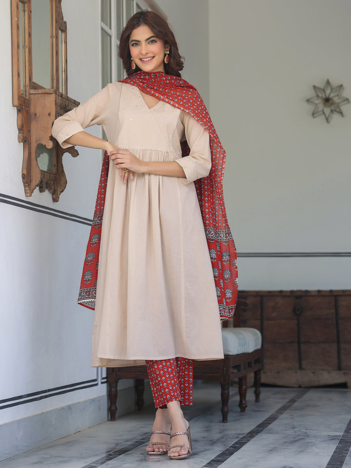 Red-Cotton-A-Line-Solid-3-Piece-Kurta-Set