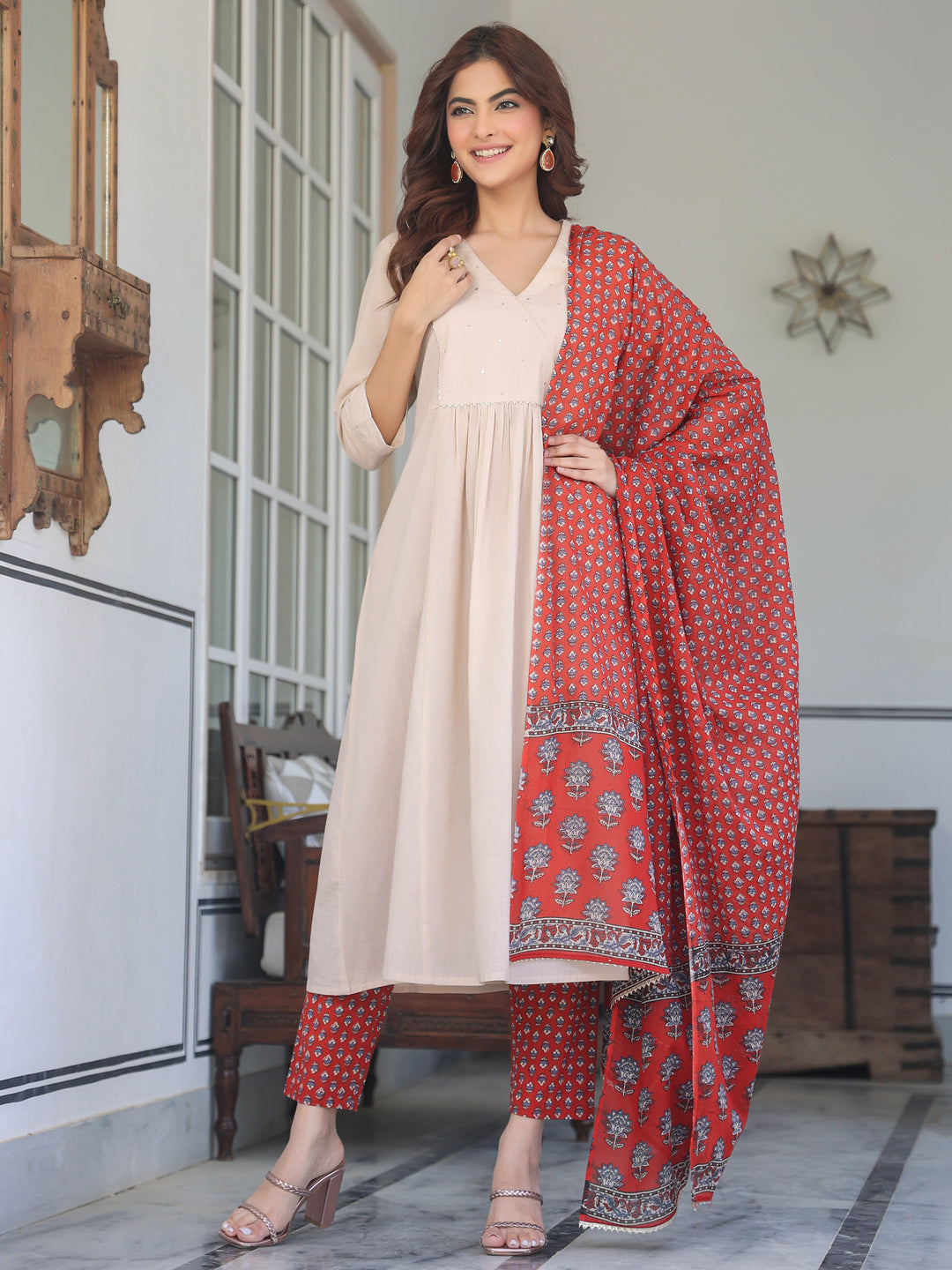 Red-Cotton-A-Line-Solid-3-Piece-Kurta-Set