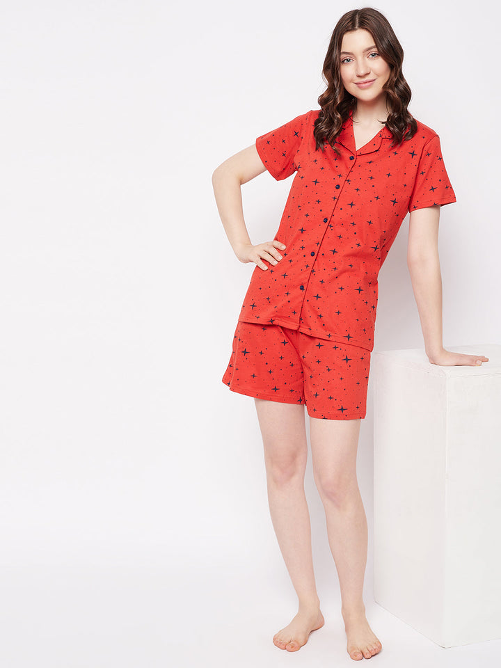 Red-Cotton-Blend-Cosmos-Print-Button-Down-Shirt-&-Shorts-Set