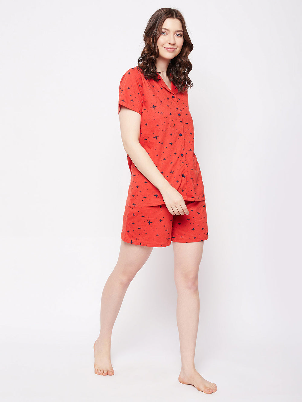 Red-Cotton-Blend-Cosmos-Print-Button-Down-Shirt-&-Shorts-Set