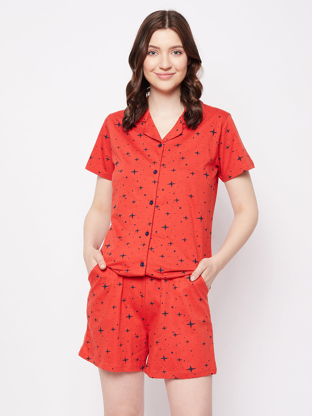 Red-Cotton-Blend-Cosmos-Print-Button-Down-Shirt-&-Shorts-Set