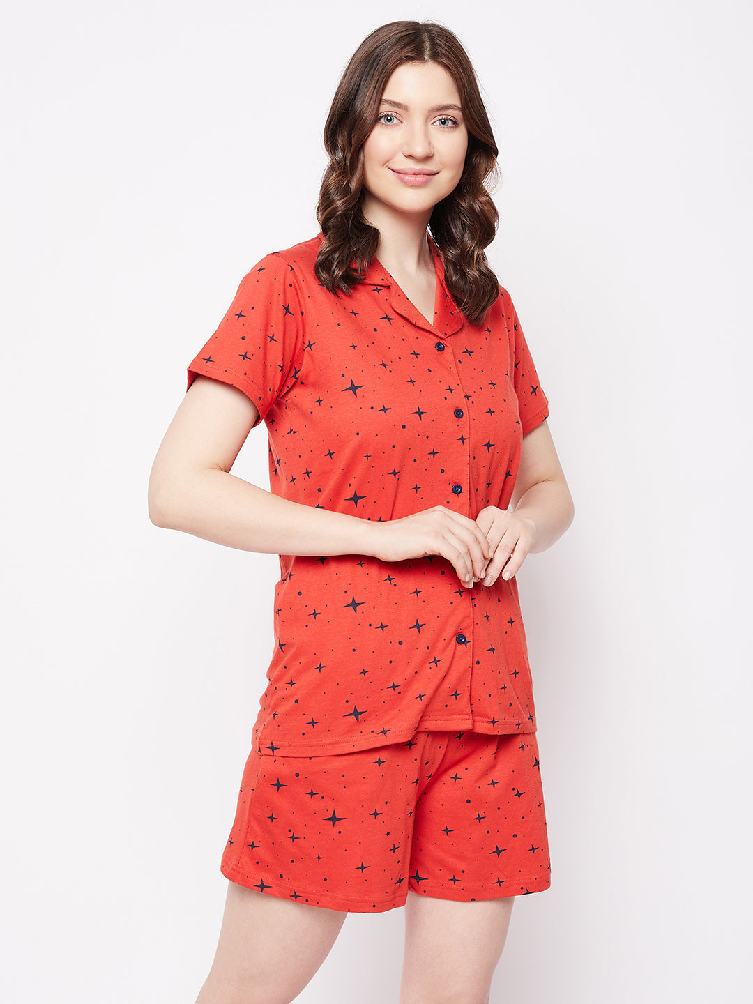 Red-Cotton-Blend-Cosmos-Print-Button-Down-Shirt-&-Shorts-Set