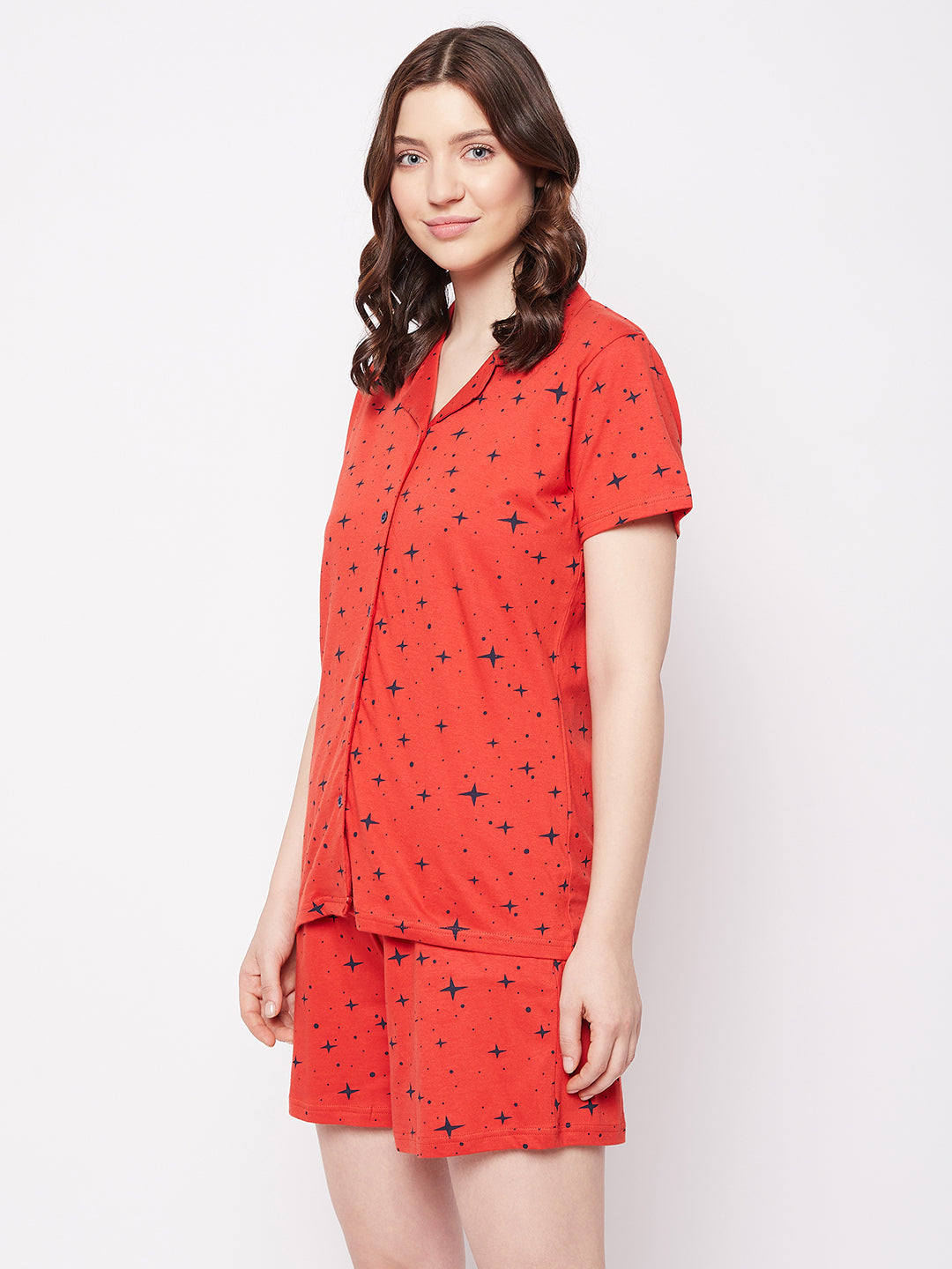 Red-Cotton-Blend-Cosmos-Print-Button-Down-Shirt-&-Shorts-Set