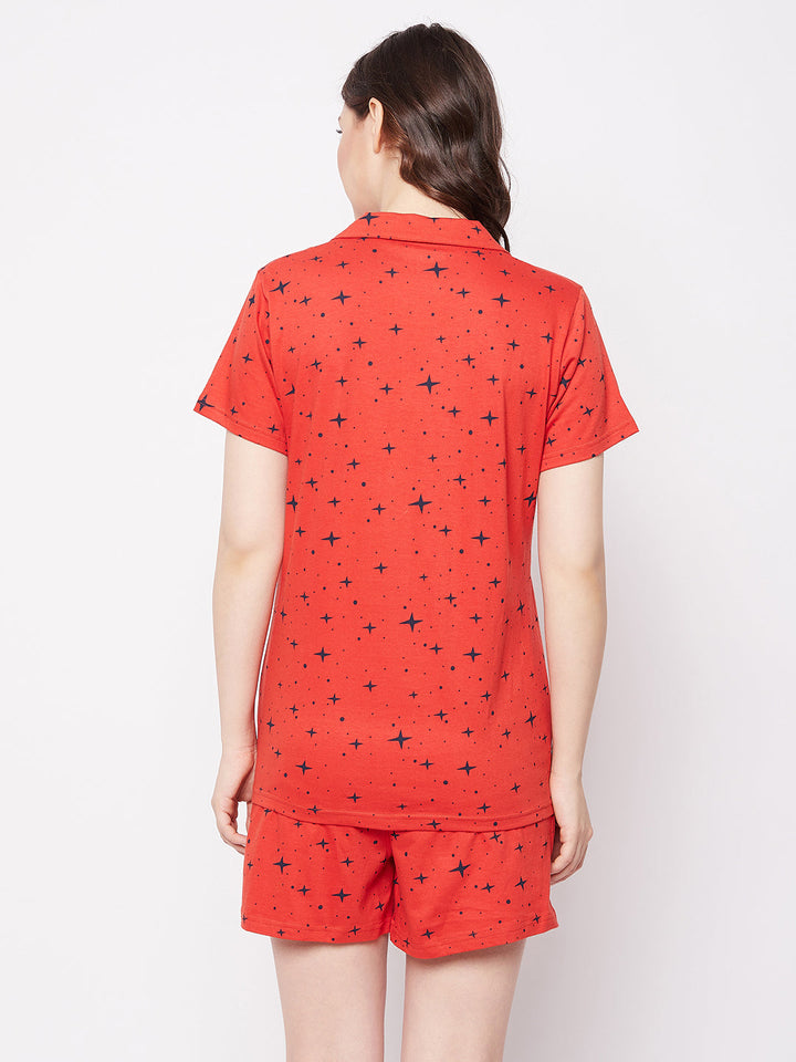 Red-Cotton-Blend-Cosmos-Print-Button-Down-Shirt-&-Shorts-Set