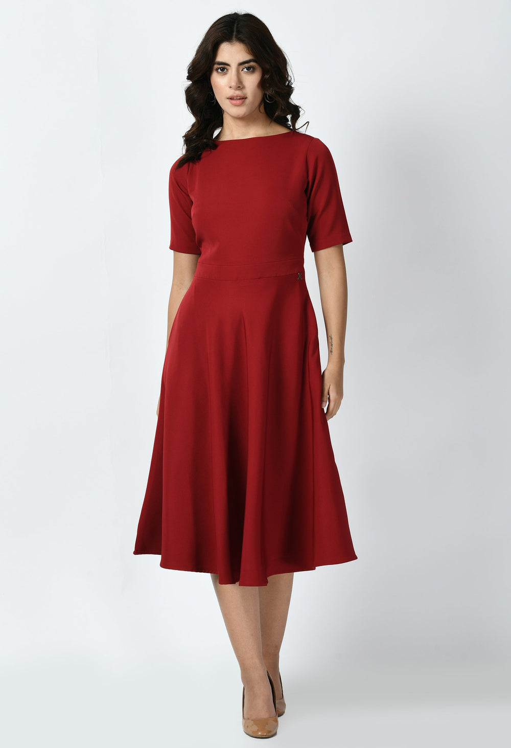 Red-Cotton-Blend-Epitome-Classic-A-Line-Dress