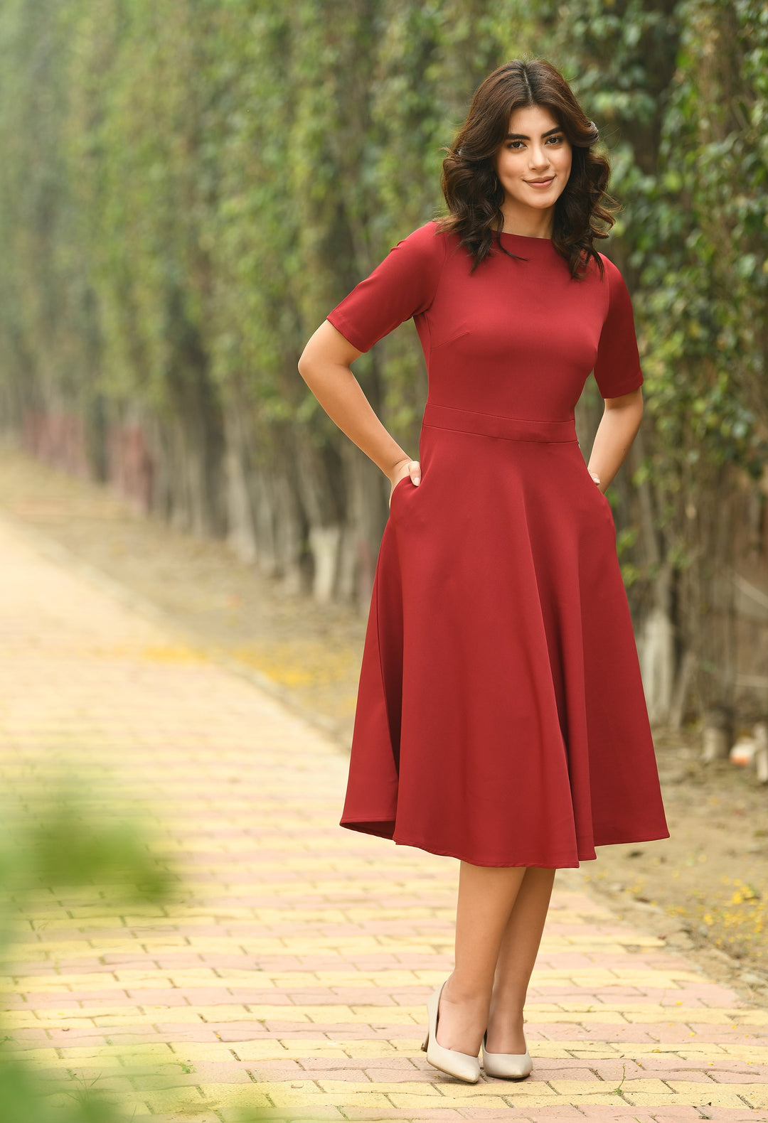 Red-Cotton-Blend-Epitome-Classic-A-Line-Dress