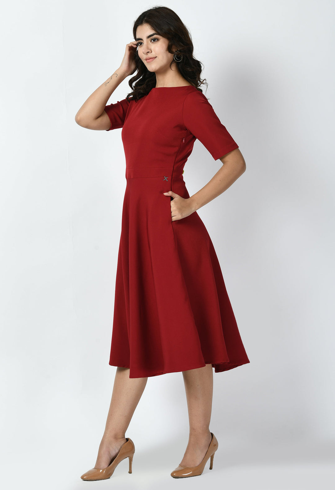 Red-Cotton-Blend-Epitome-Classic-A-Line-Dress