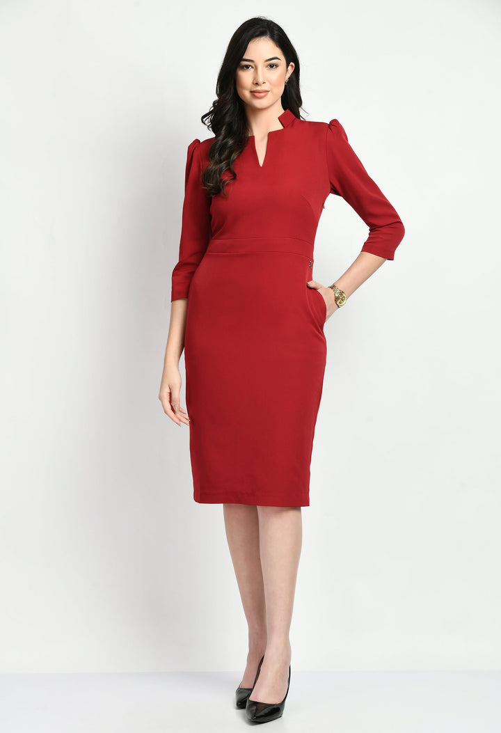 Red-Cotton-Blend-Grace-Puff-Sleeves-Sheath-Dress