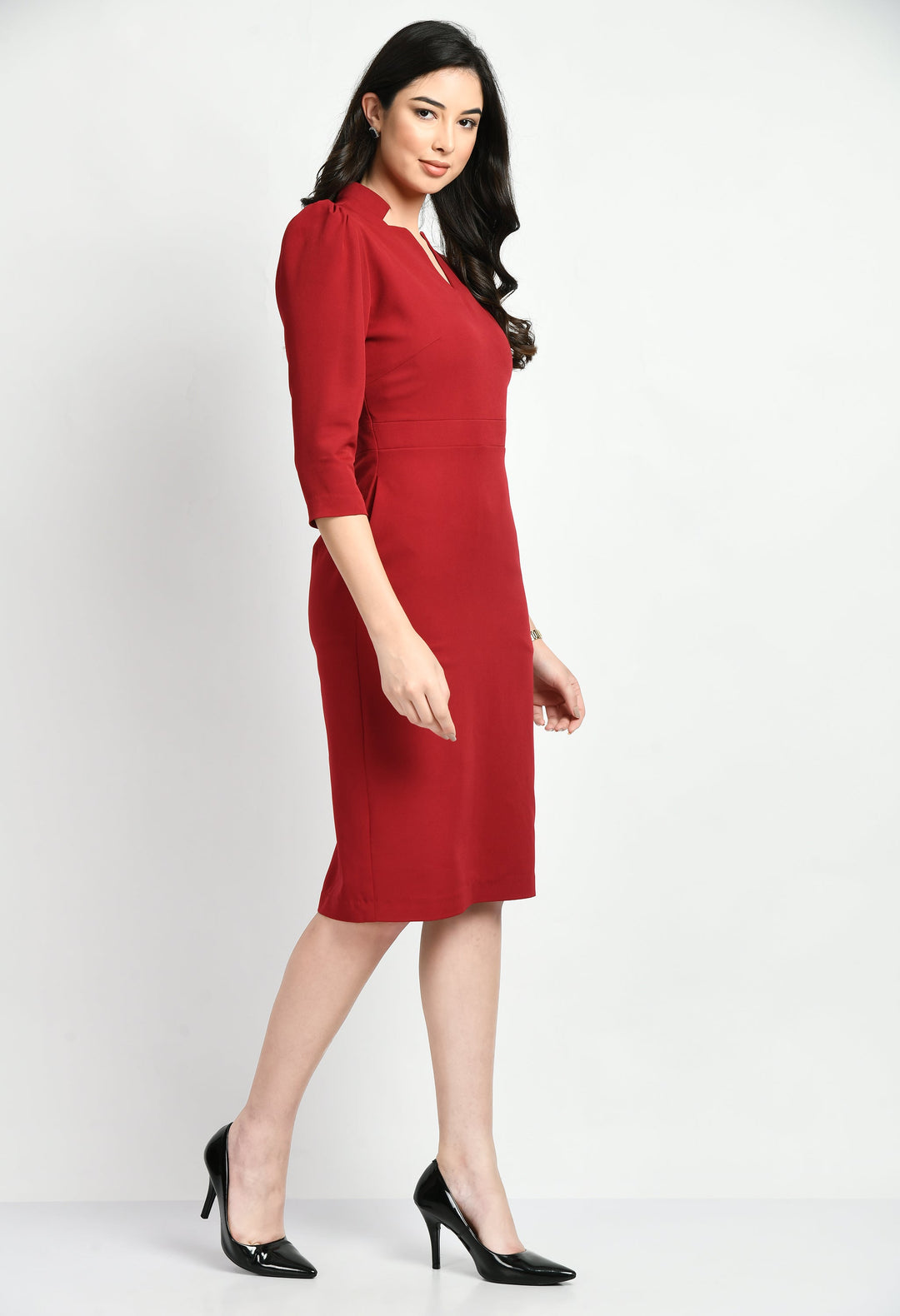 Red-Cotton-Blend-Grace-Puff-Sleeves-Sheath-Dress