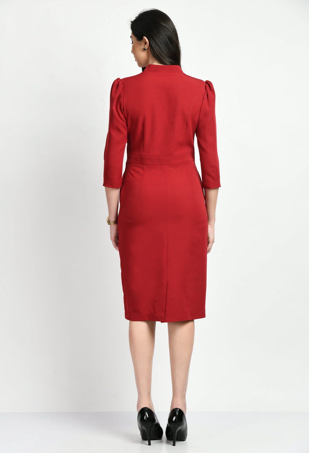 Red-Cotton-Blend-Grace-Puff-Sleeves-Sheath-Dress