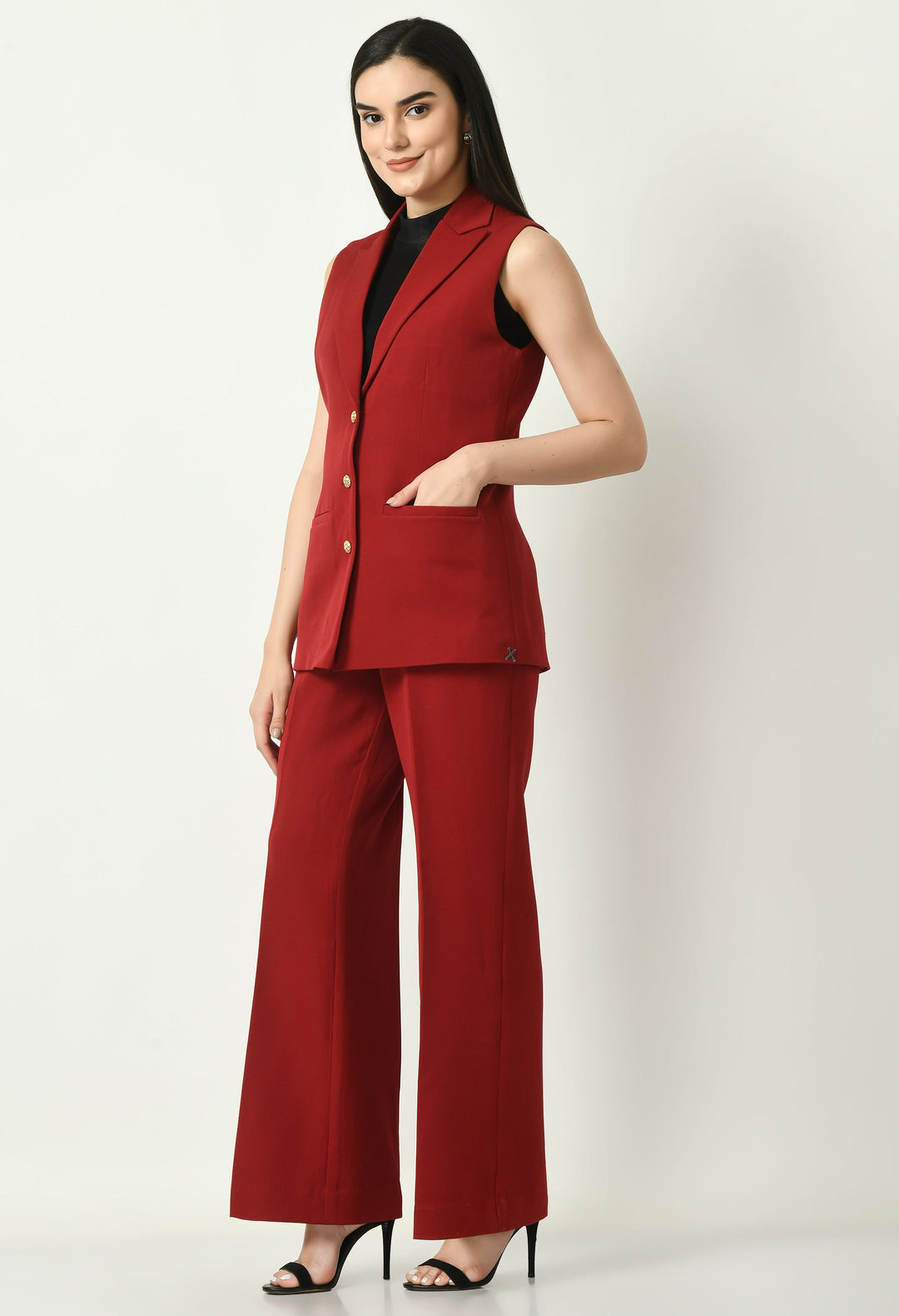 Red-Cotton-Blend-Meridian-Sleeveless-Long-Blazer