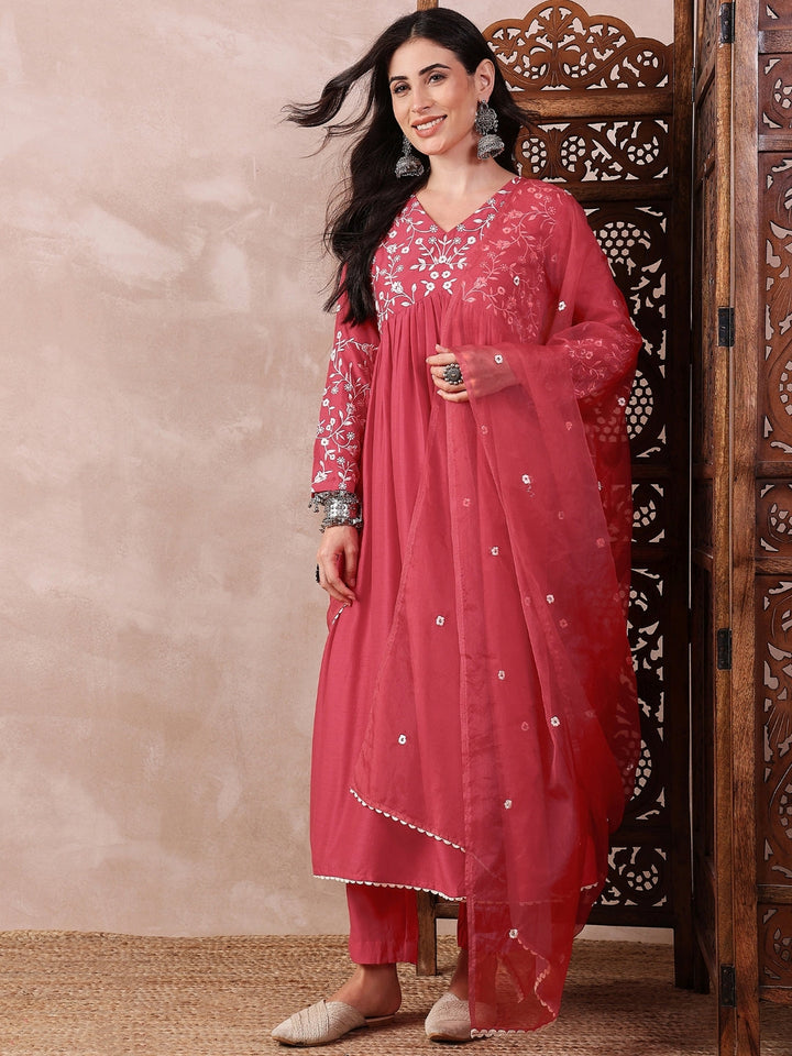 Red-Cotton-Blend-Solid-Embroidered-A-Line-3-Piece-Kurta-Set