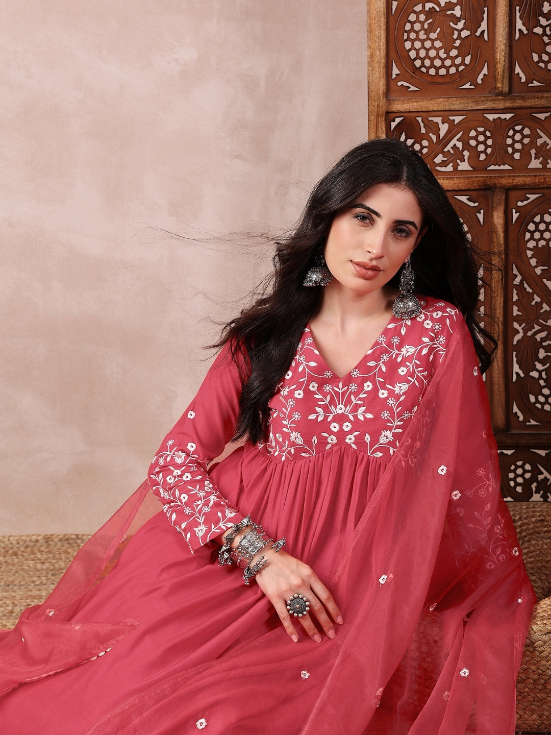 Red-Cotton-Blend-Solid-Embroidered-A-Line-3-Piece-Kurta-Set