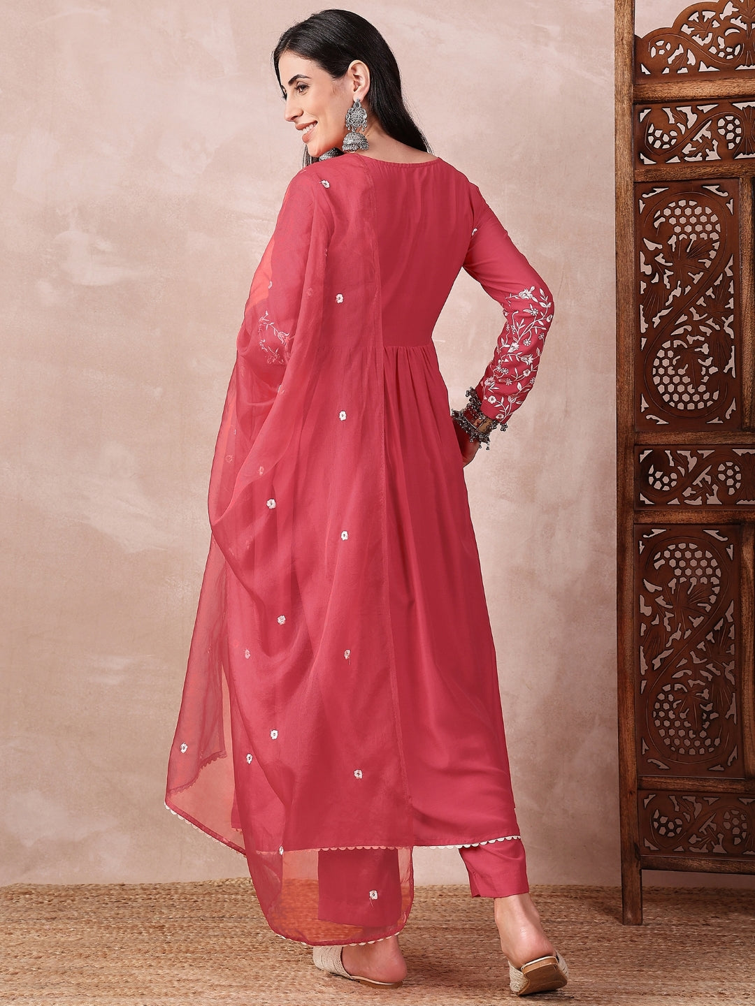 Red-Cotton-Blend-Solid-Embroidered-A-Line-3-Piece-Kurta-Set