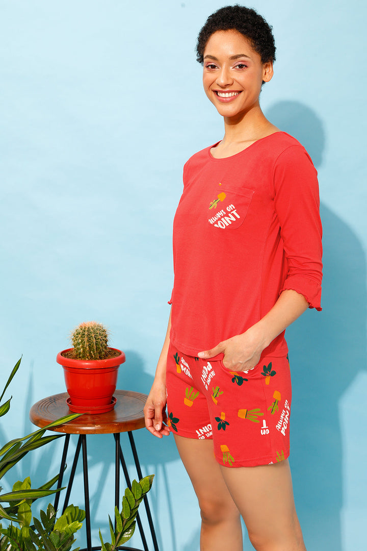 Red-Cotton-Chic-Basic-Top-&-Printed-Shorts-Set