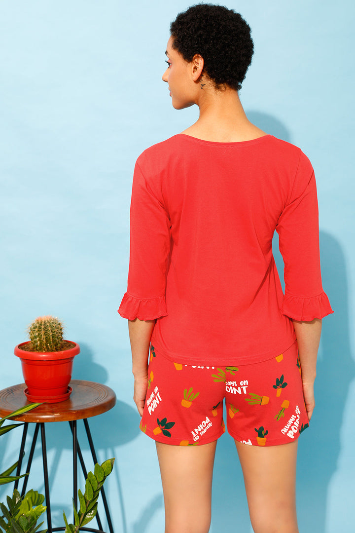 Red-Cotton-Chic-Basic-Top-&-Printed-Shorts-Set