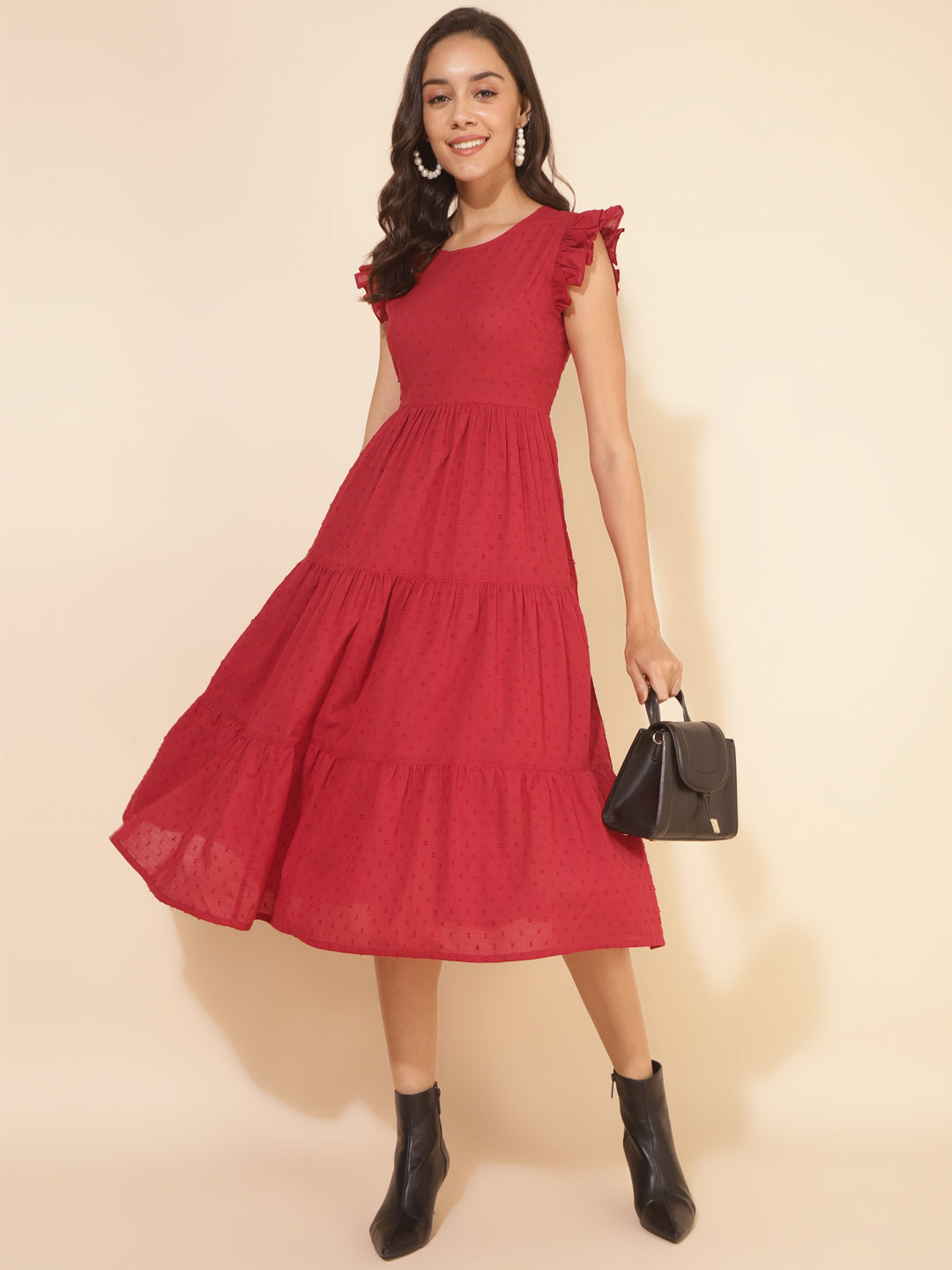 ZERESOUQ-Red-Cotton-Dobby-Ruffle-Sleeve-Tiered-Dress