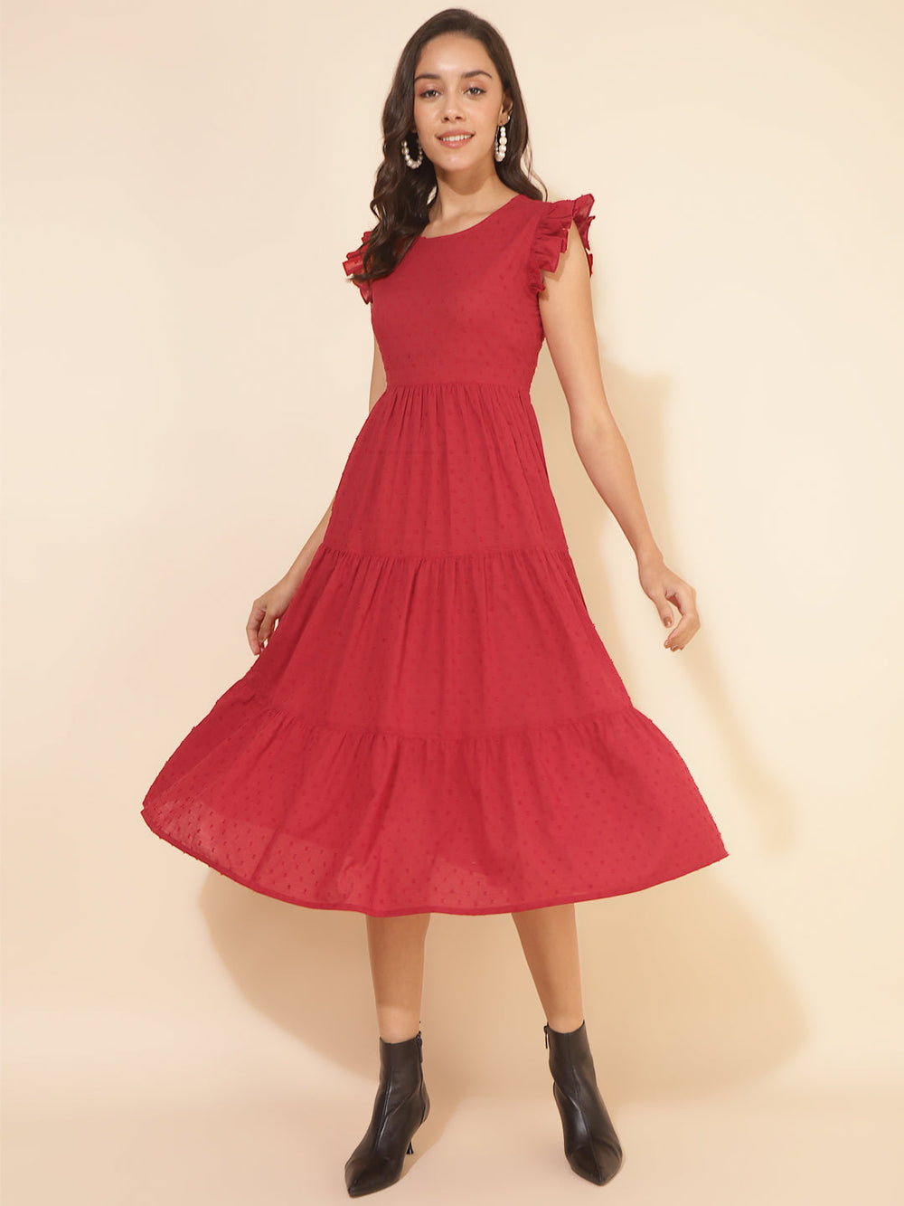 Red-Cotton-Dobby-Ruffle-Sleeve-Tiered-Dress