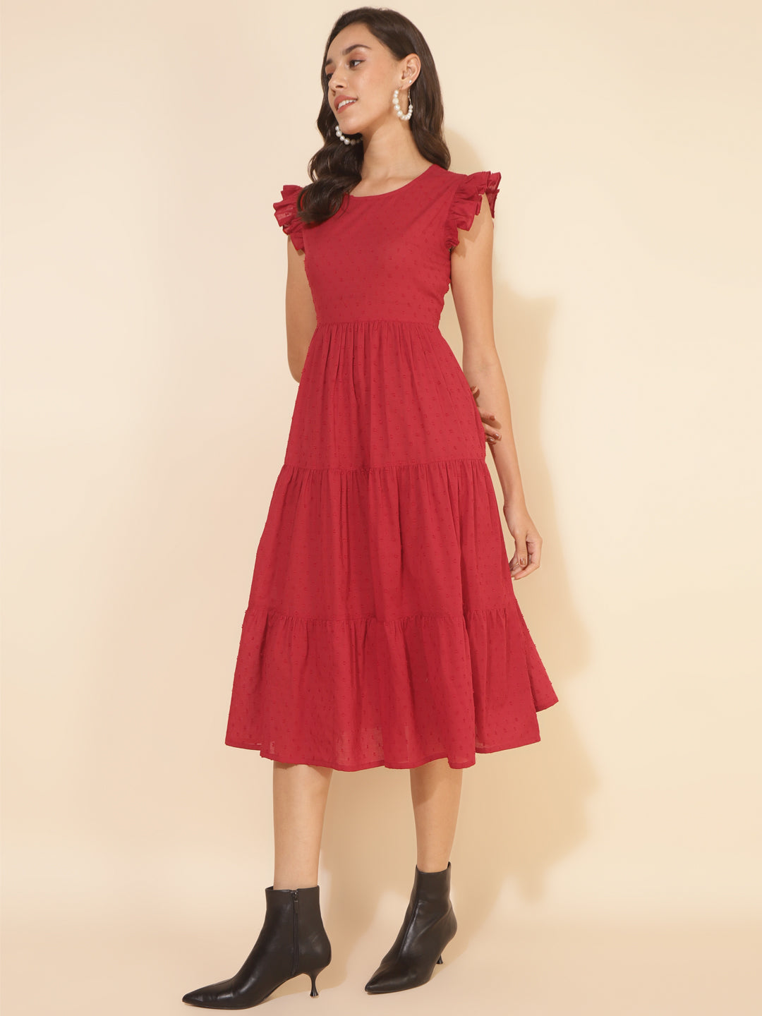 Red-Cotton-Dobby-Ruffle-Sleeve-Tiered-Dress