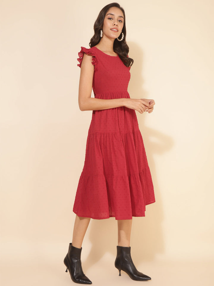 Red-Cotton-Dobby-Ruffle-Sleeve-Tiered-Dress