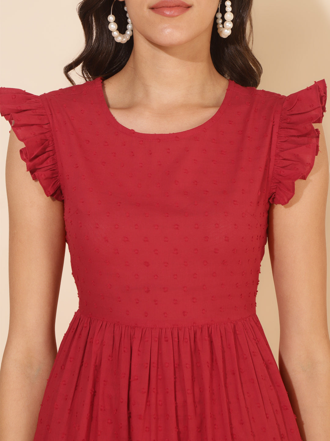 Red-Cotton-Dobby-Ruffle-Sleeve-Tiered-Dress