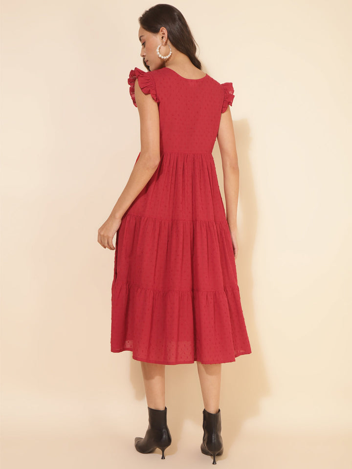 Red-Cotton-Dobby-Ruffle-Sleeve-Tiered-Dress