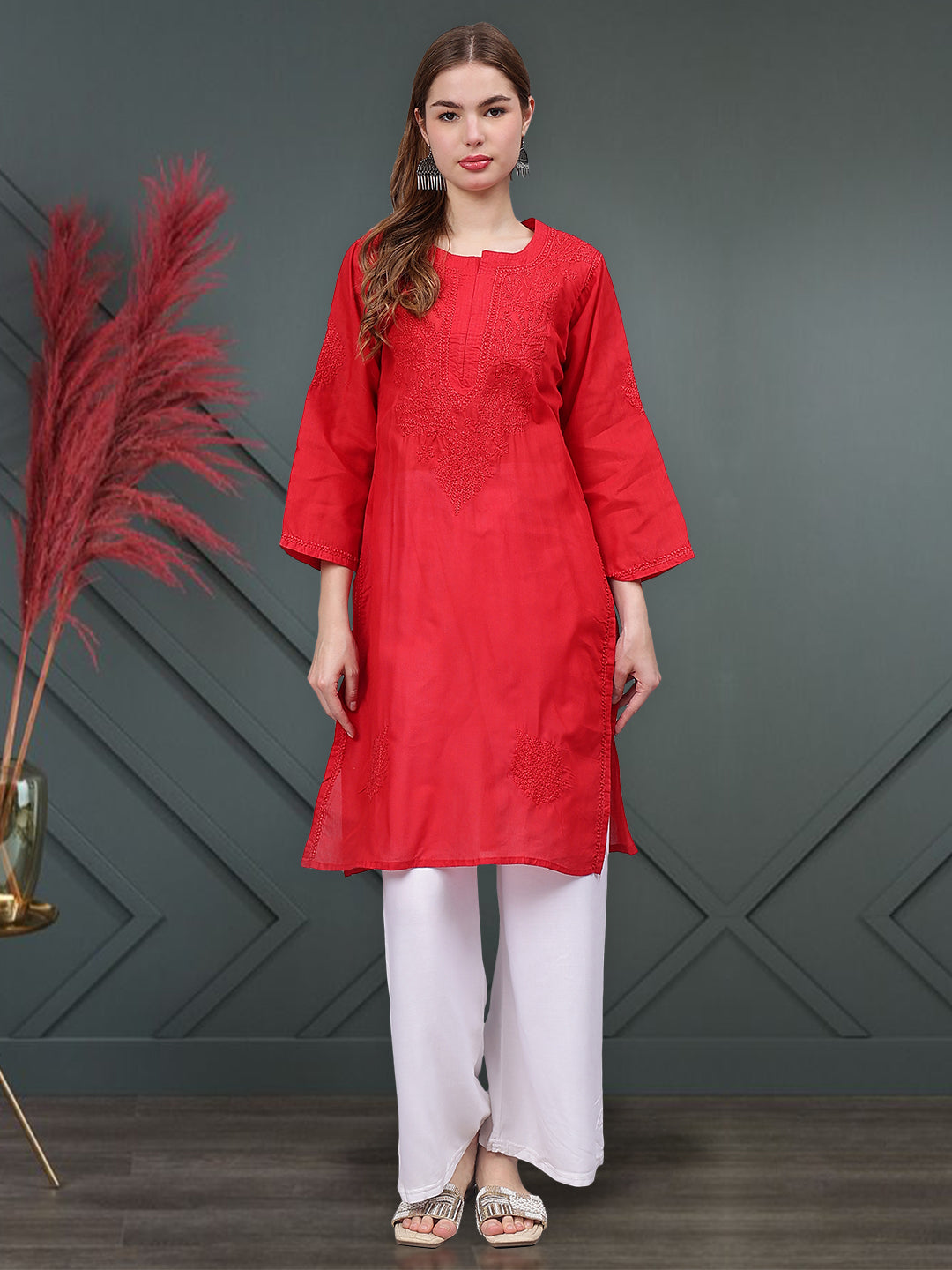 Red-Cotton-Embroidered-Chikankari-Kurta