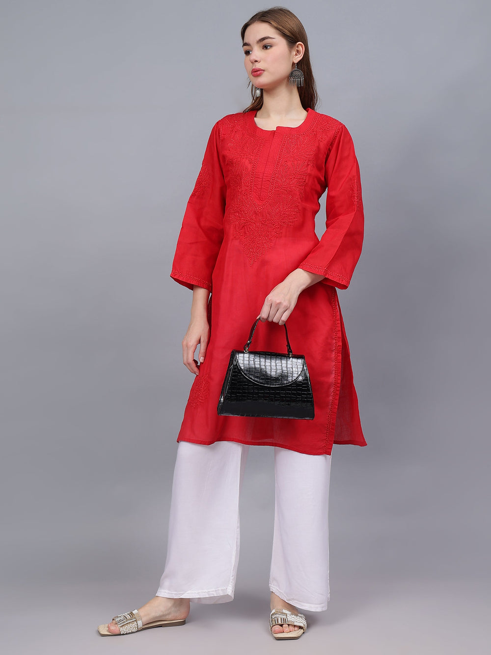 Red-Cotton-Embroidered-Chikankari-Kurta