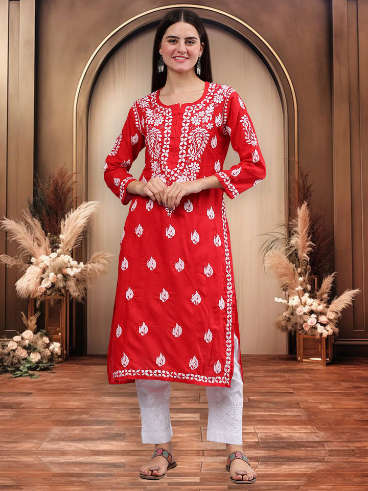 Red-Cotton-Embroidered-Chikankari-Kurti