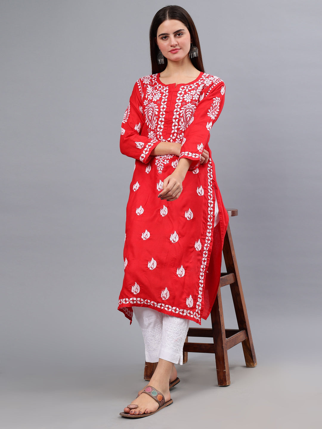 Red-Cotton-Embroidered-Chikankari-Kurti