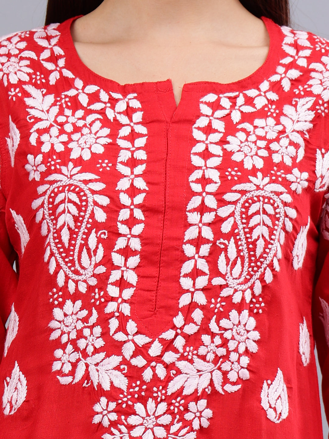 Red-Cotton-Embroidered-Chikankari-Kurti