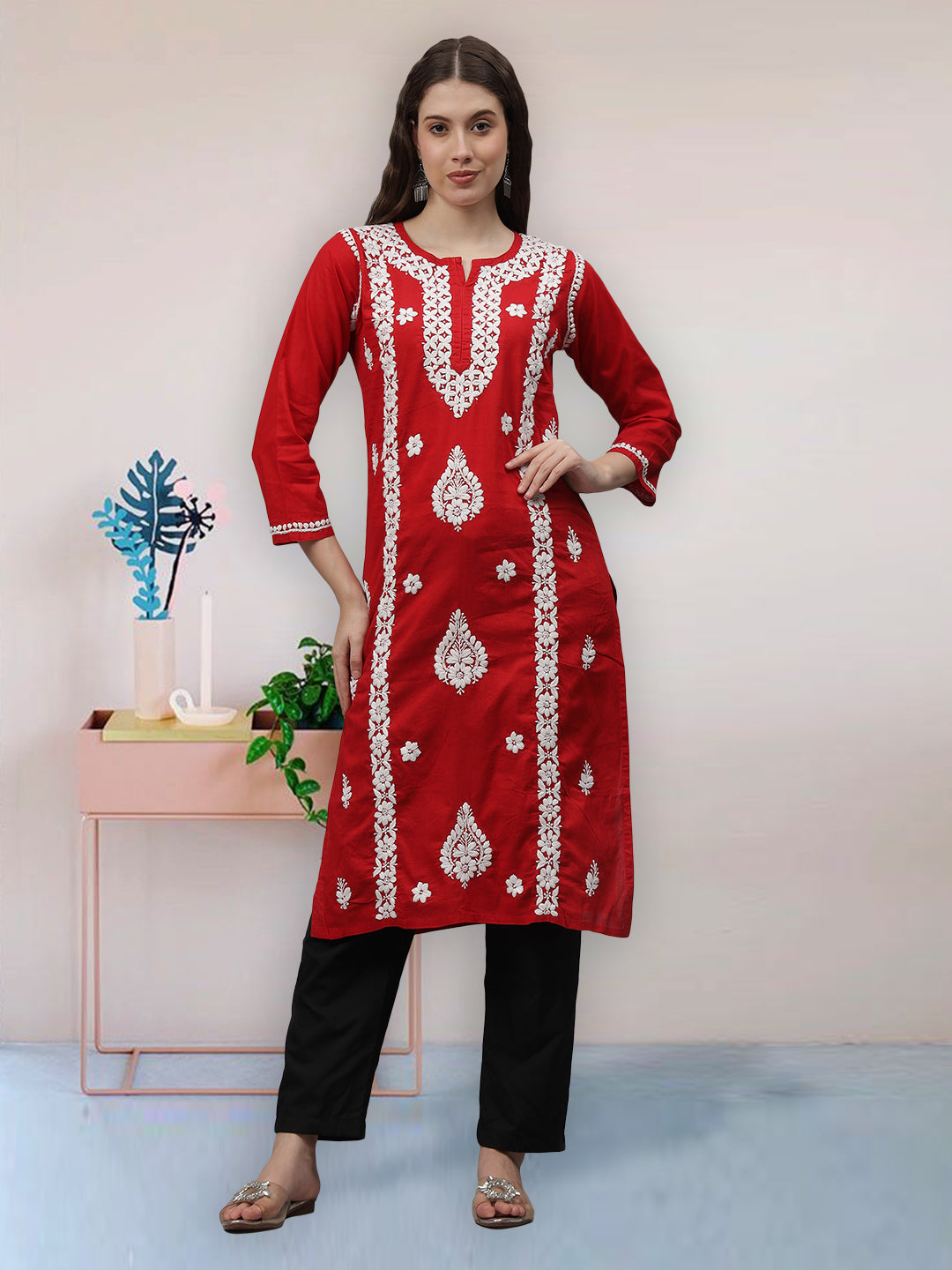 Red-Cotton-Embroidered-Chikankari-Straight-Kurti