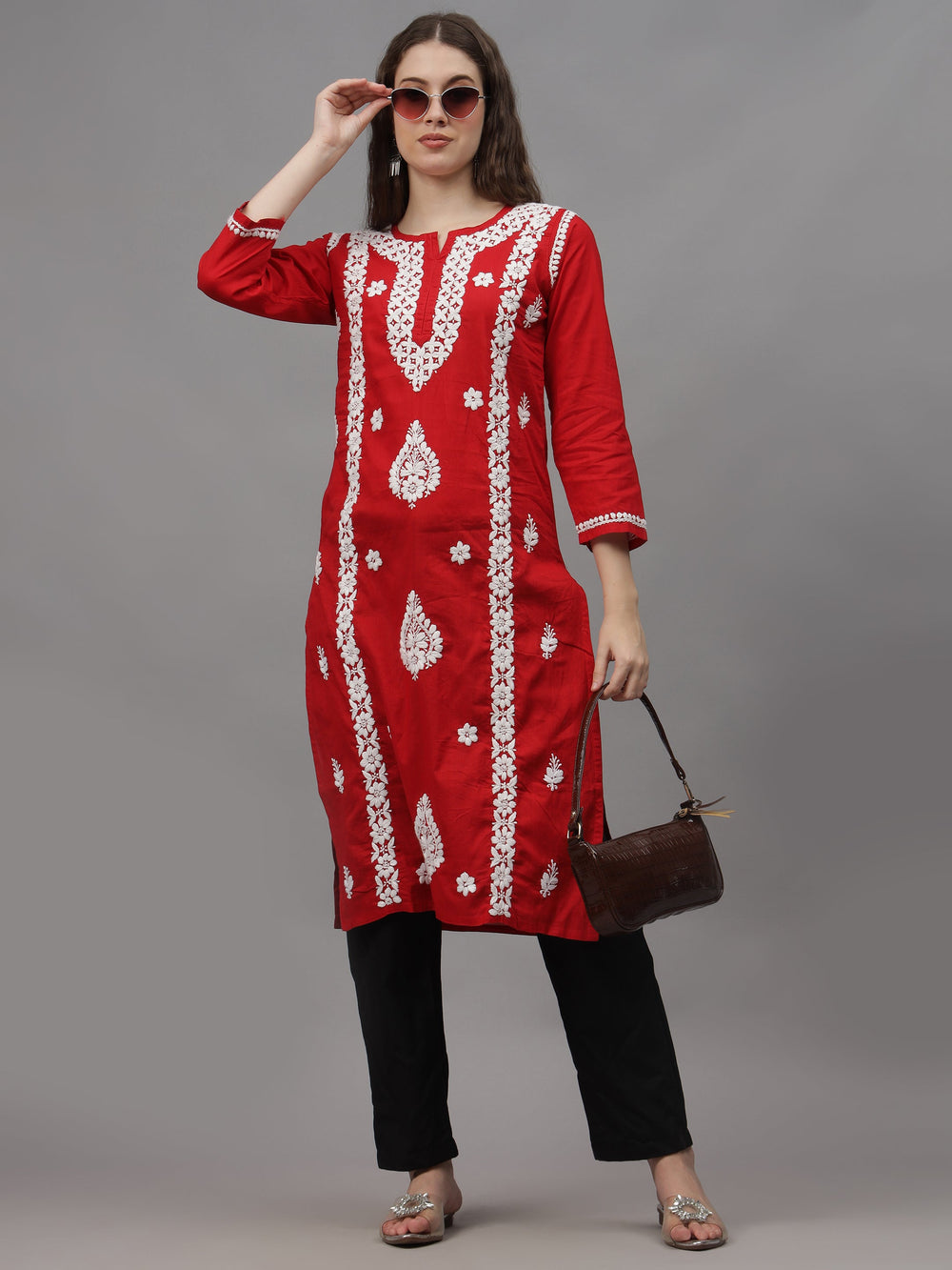 Red-Cotton-Embroidered-Chikankari-Straight-Kurti