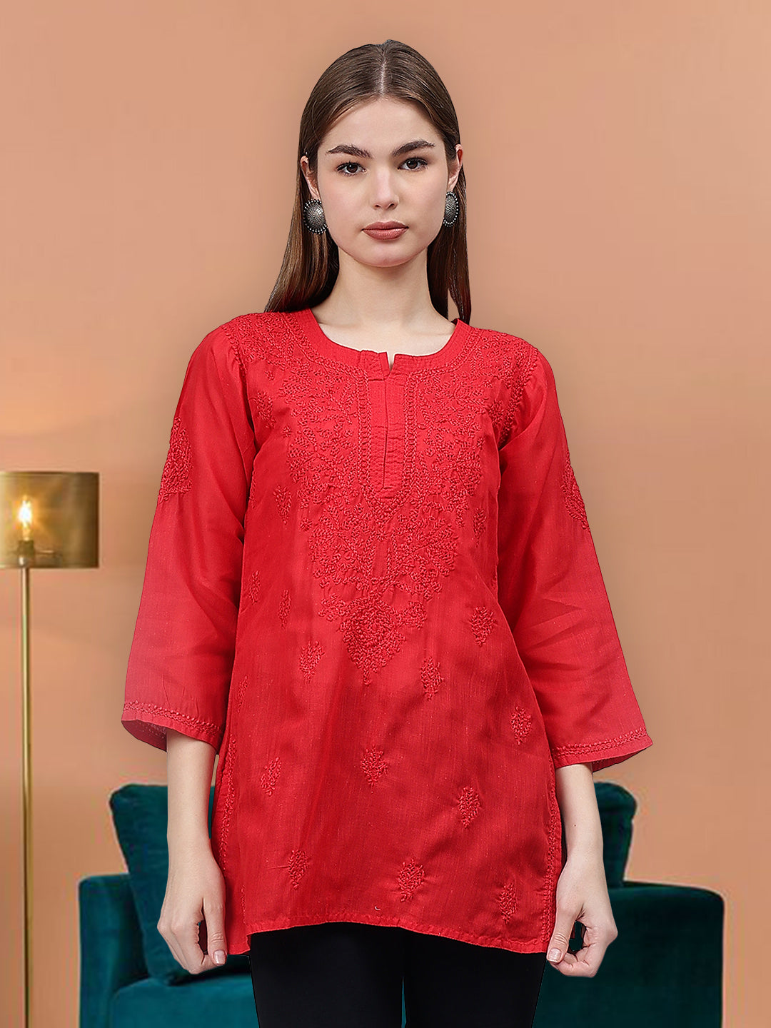 Red-Cotton-Embroidered-Chikankari-Tunic