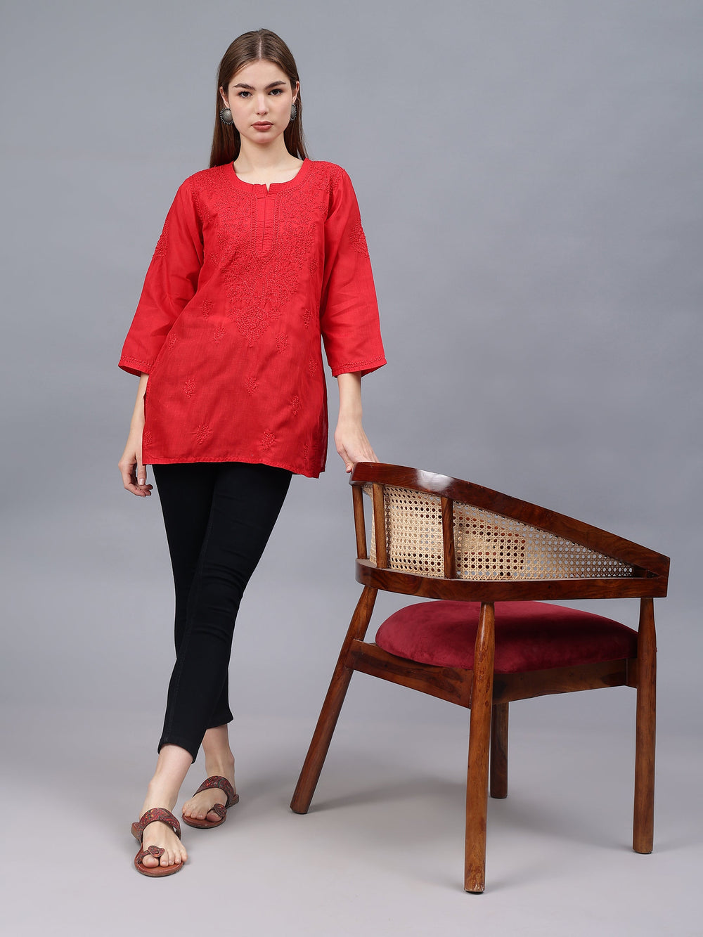 Red-Cotton-Embroidered-Chikankari-Tunic