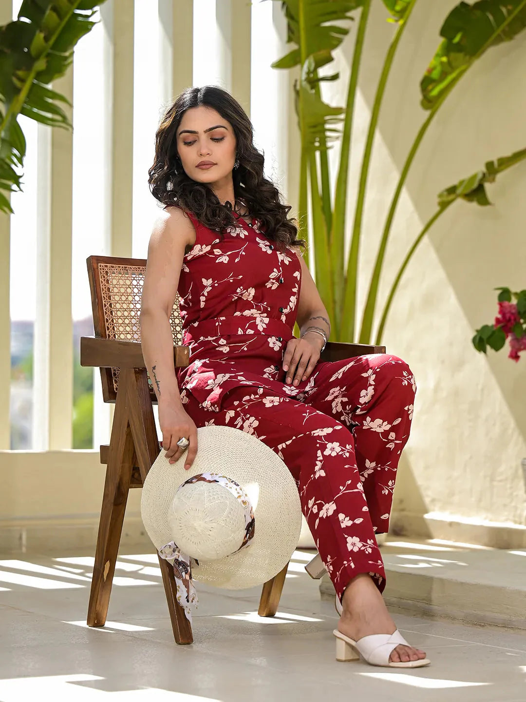 Red-Cotton-Floral-Print-Co-Ord-Set-With-A-Belt-