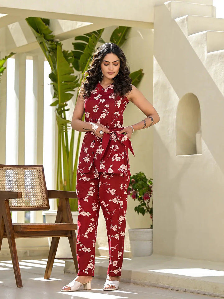 Red-Cotton-Floral-Print-Co-Ord-Set-With-A-Belt-