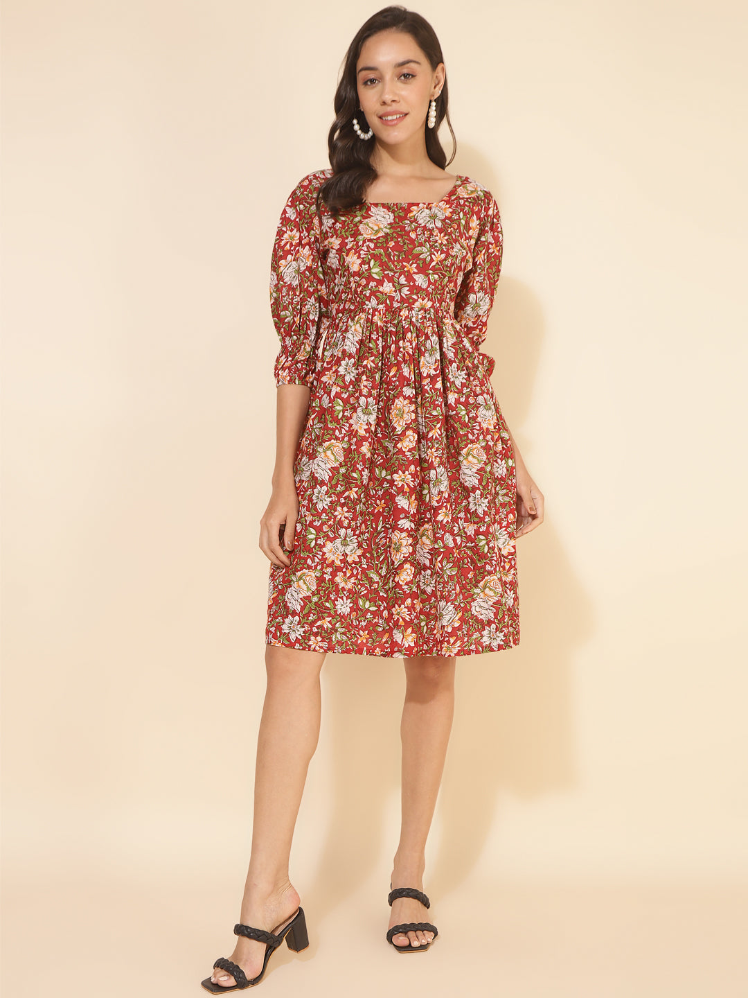 ZERESOUQ-Red-Cotton-Floral-Printed-Gathered-Dress