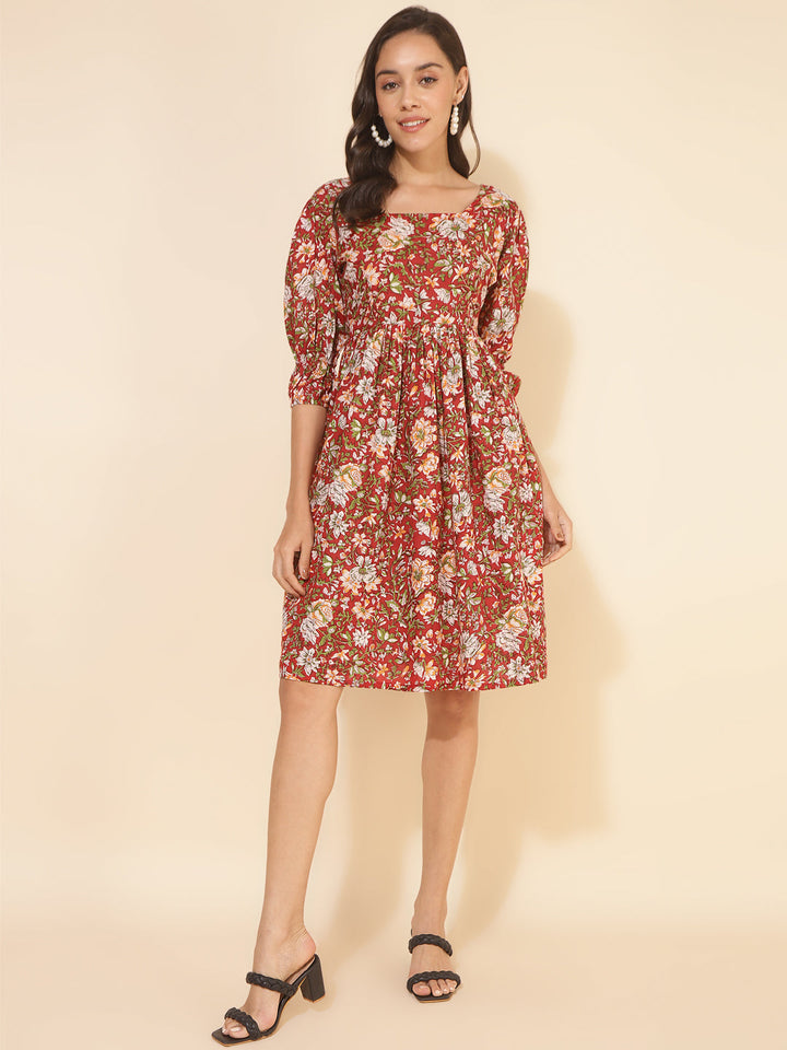 Red-Cotton-Floral-Printed-Gathered-Dress