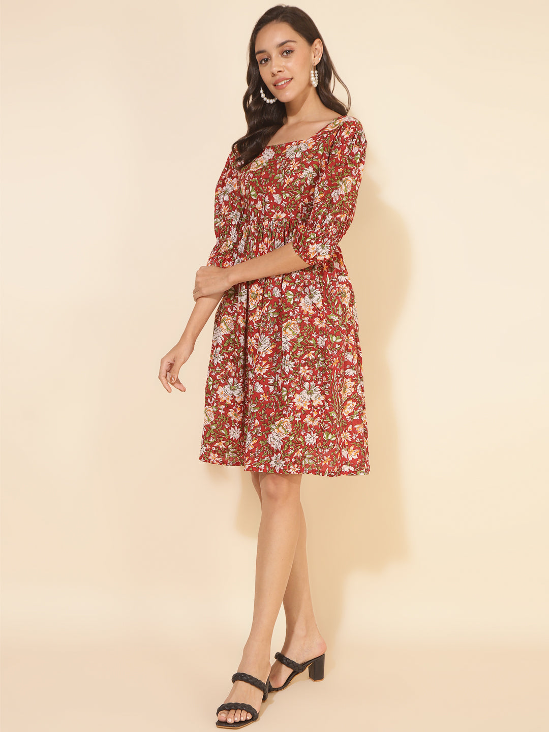 Red-Cotton-Floral-Printed-Gathered-Dress